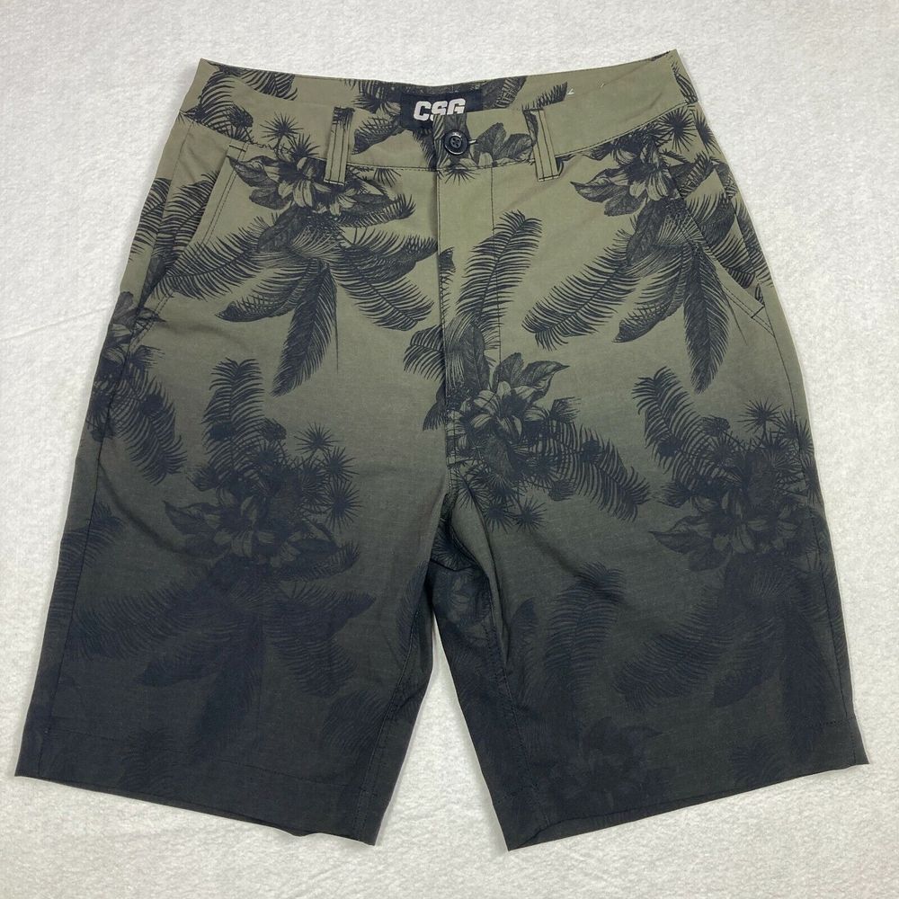 CSG‎ Mens Size 32 Olive Green Black Flat Front Floral Casual Bermuda Shorts